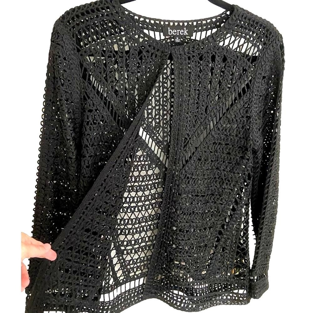 Berek Open Knit Crochet Cardigan Womens Medium Black Macrame Boho Sweater Jacket
